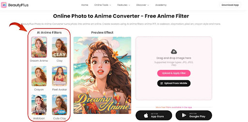 BeautyPlus Photo to Anime filters