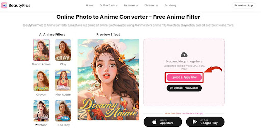 Upload image to BeautyPlus Photo to Anime Converter